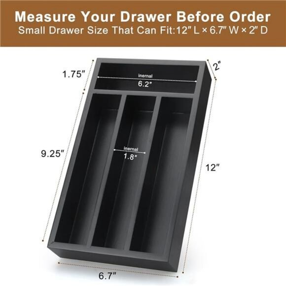 Small bamboo silverware drawer organizer narrow cutlery tray utensil flatware ho - Picture 3 of 7